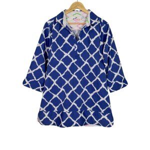 TIZZIE NAVY WHITE CONTRAST PATTERN V-NECK COLLARED SHIRT DRESS